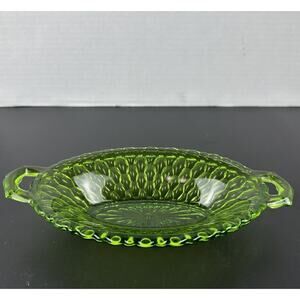 Vintage 1960s Indiana Glass Green Honeycomb Relish/Pickle Handled Dish 8.25"